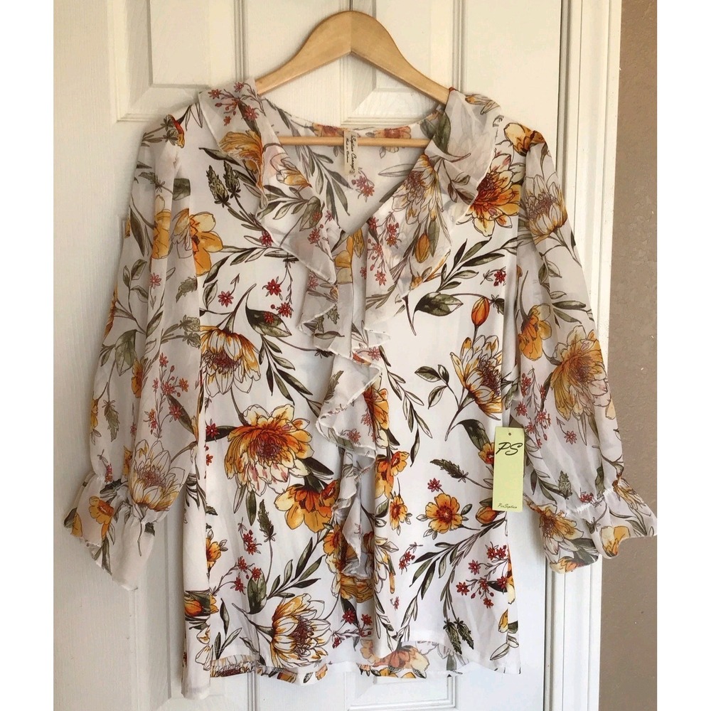 NWT PerSeption Concept Floral Yellows Ruffled Blouse Size XL Romantic Fairy